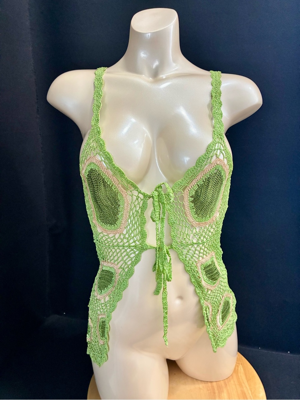 VTG NAF NAF T2 French Sizing Green and  Salmon Open Face Tie Up Crochet Top